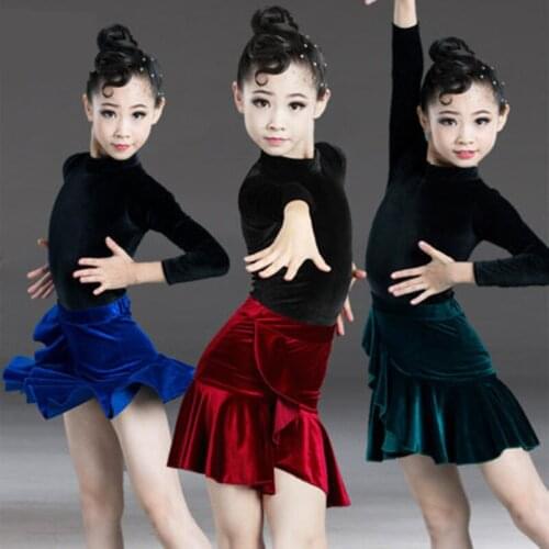 New velvet Latin Dance sets For Girls Child Salsa Tango Ballroom Dancing Dress Competition Costume Kids Practice Dance Clothes