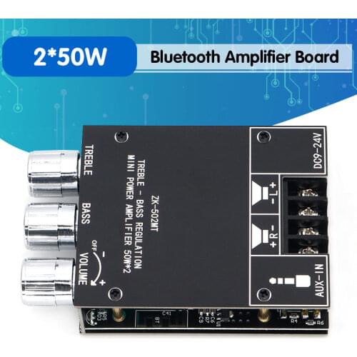 502MT 2*50W Bluetooth 5.0 Subwoofer Amplifier Board High Power Audio Stereo Amplifier Board AUX Bass Treble AMP 12V 24V