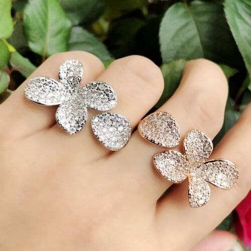 Full Paved Cubic Zirconias Luxury Flower Leaf Open Finger Rings for Women Gift Resizable Ring Gorgeous Glitter Fashion Jewelry