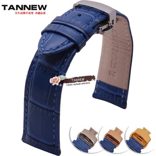 Blue genuine leather watchband 12mm 14mm 16mm 18mm 19mm 20mm 21mm 22mm wit butterfly buckle crocodile leather strap Bracelet
