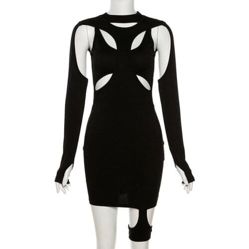 Sexy Mini Bodycon Dresses Women Spring Casual High Street Stretch Slim Hollow Out 2021 New Simple Black Dresses