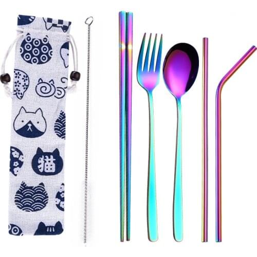 304 Stainless Tableware Creative Spoon Chopsticks Set with Straw Brush Portable Dinner Set Cutlery Set Kitchen Accessori