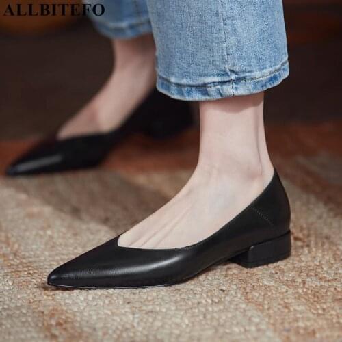 ALLBITEFO Fashion pointed toe comfortable real genuine leather women heels shoes high heels street office work low heel shoes