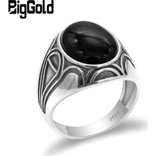 Turkish Black Ring 925 Sterling Silver for Men Black Natural Onyx Stone Ring Vintage Thai Silver Design for Man Women