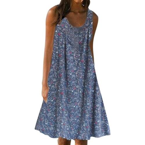 Women Dresses Boho Sleeveless O Neck Floral Print Large Hem Loose Knee-length Tank Dress Womens Clothing 2021