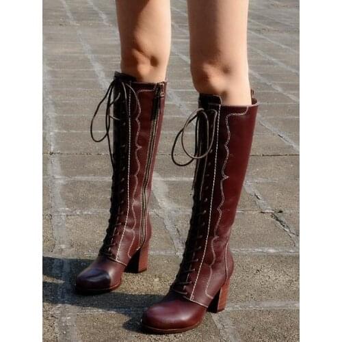 Top New Winter Woman Green/Burgundy Round Toe Genuine Leather Zipper Lace Up Rough Heels Knee High Leather Knight Long Boots