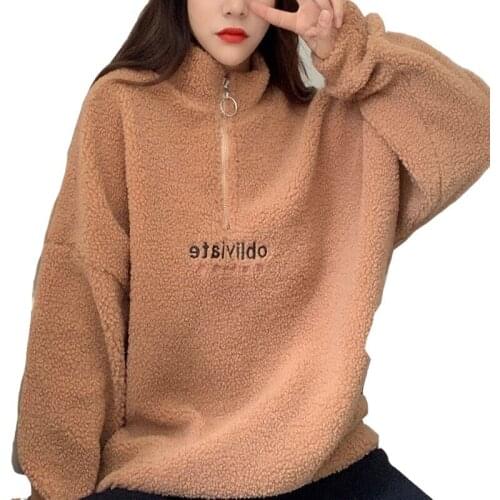 Winter New Lamb Cashmere Women Pullover Plus Velvet Thick Loose Letter Embroidery Stand Collar Women Clothes Zipper Female Tops