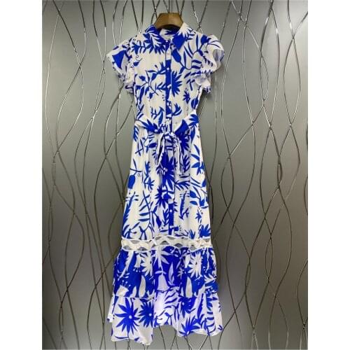 New 2021 Summer Fashion Long Shirt Dress High Quality Women Hollow Out Sexy Short Sleeve Casual Yellow Blue Red Dress Print