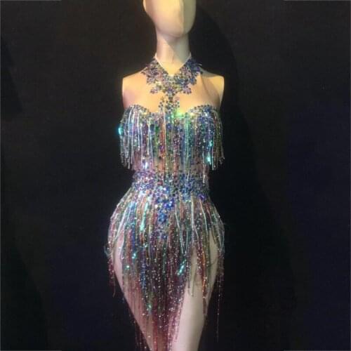Flashing Full Stones Fringed Shining Short Dress Pole Dance Clothing Women Birthday Celebrate Prom Wear Novelty Outfits XS1363