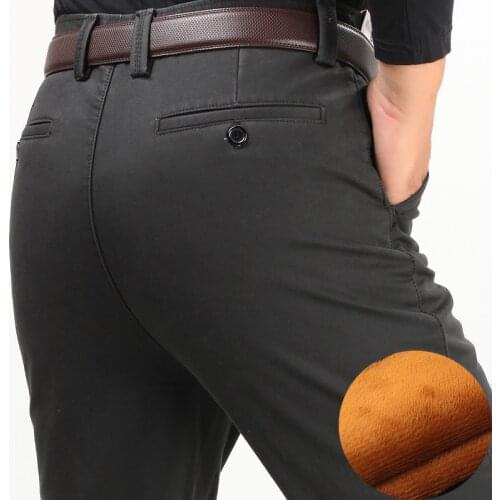 Winter thick men casual pants with velvet thicken high waist comfortable middle-aged mens cotton business straight long pants