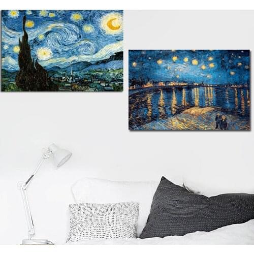 Famous Vintage Van Gogh Starry Night Wall Canvas Art Impressionist Landscape Painting Poster and Print Picture for Living Room