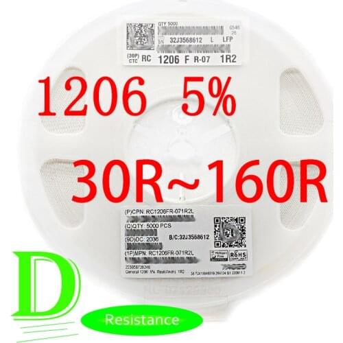 100PCS SMD Resistor 1206 5% RC1206JR-07 Series 30R 33R 36R 39R 43R 47R 51R 56R 62R 68R 75R 82R 91R 100R 110R 120R 130R 150R 160R