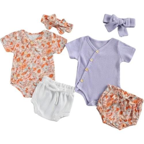 -18M Cute Infant Baby GIrl Clothing Floral Print Short Sleeve V Neck Romper Top+Solid Knitted Shorts+Headband Summer 3pcs
