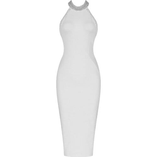 2021 New Bandage Dress Sexy Elegant Women Party White Bodycon Ladies Clothing Beading Summer Dresses