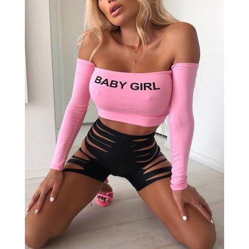 2021 New Style Women’s Casual Long Sleeved Crop T-shirt BABY GIRL Letter Printed Off Shoulder Exposed Navel Top Summer