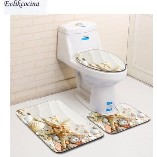 Free Shipping 3Pcs Starfish Shells On Beach Banyo Paspas Bathroom Carpet Toilet Bath Mat Set Tapis Salle De Bain Alfombra Bano