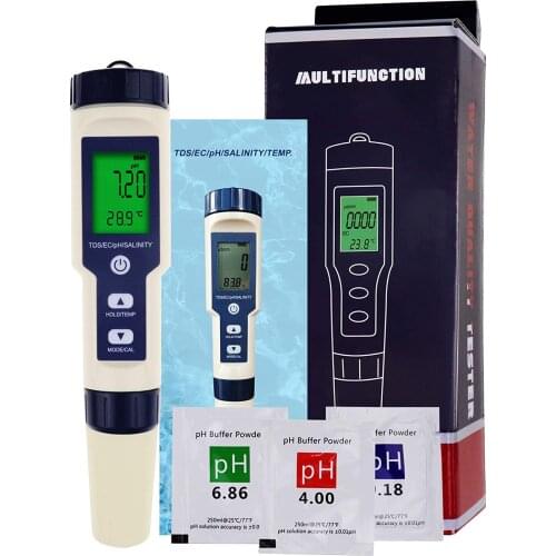 5 in 1 Digital pH Meter with TDS/EC/Salinity/Temperature Measurement Waterproof Highly Accurate Multi-Parameter Tester