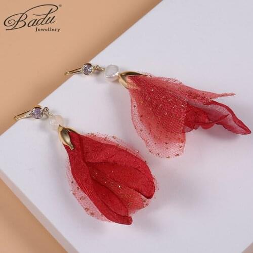 Badu Long Flower Pendant Earrings Multicolor Jewelry Zircon Gold Yarn Cloth Wrapped Earrings Flowy Accessories Gifts For Girls