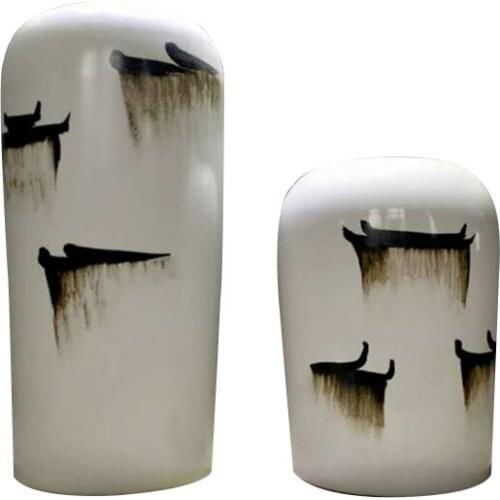 Chinese Ceramics Vase Ink Painting Flowers Insert Pot Floral Vintage Home Ornament Craft