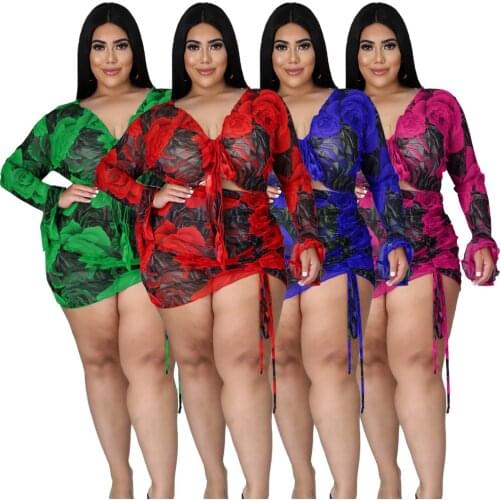 Echoine Floral Print Flare Sleeve Drawsting Pleated Crop Top Mini Skirt Set Two Piece Set Sheer Mesh Sexy Party Outfits