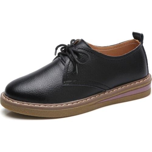 New Genuine Leather Loafers Women Casual Shoes Classic Soft Round head Toe Ladies Lace Up Footwear Women Flats Shoes Female