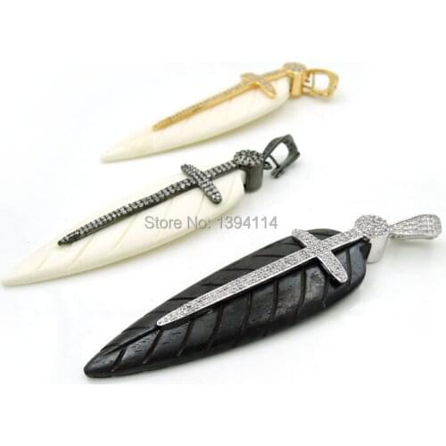 Micro Pave Clear CZ Cross Ox Bone Leaf Pendant Approx 85*25*7mm