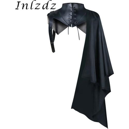 Mens Womens Faux Leather Shoulder Armor Cape Cloak Retro Lace-up Front Faux Leather Cloak Halloween Vampire Role Play Costume