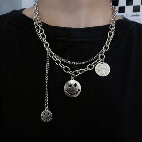 Kpop Smiley Face Necklace Goth Hip Hop Egirl Chain Smile Pendant Necklace For Women Men Girl Neck Chain Gothic Couple streetwear