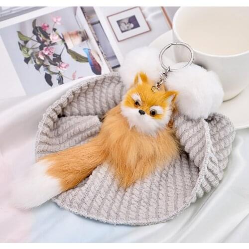 Fluffy Animal Cartoon Fox Keychain Cute Pendant Car Key Ring Chains Holder Bag Purse Ornament Women Jewelry Charm Keyring