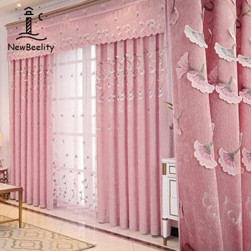 Luxury Modern Curtain Pink Princess Window Curtains for Living Room Bedroom Chenille Flower Embroidered Embossed