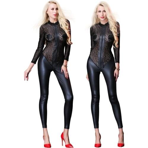 Sexy Women Faux Leather Jumpsuit Sexy Body Suits PU Catsuit Teddy Leotard Costumes Lace Pole Dance Full Length Bodysuit