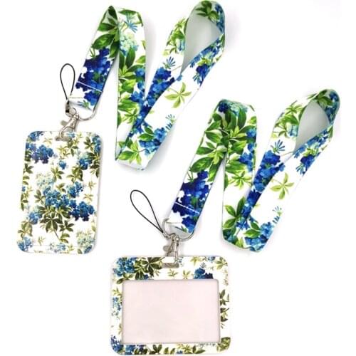 Blue Green Flowers Creative Lanyard Card Holder Student Hanging Neck Phone Lanyard Badge Subway Access Card Holder Accessories