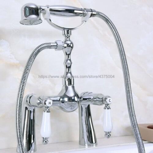 Deck Mounted Polished Chrome Bathroom Faucet With Hand Held Shower Head Bathroom Shower Faucet Set Mixer Tap Nna117