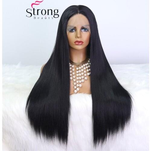 StrongBeauty Lace Front Wigs Thick Long Straight Black Heat Ok Synthetic Wig