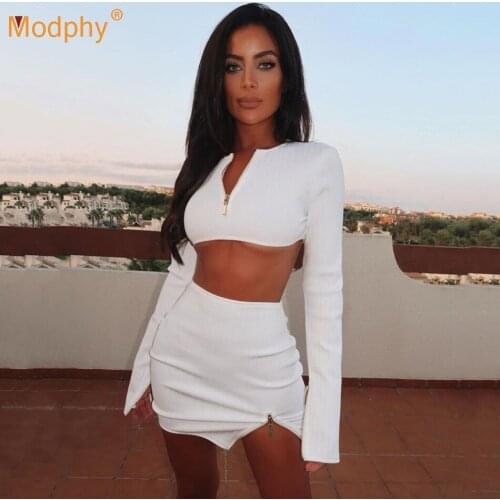 Spring Womens White Bodycon 2 Two-Piece Suit Sexy Long Sleeve Zipper Short Top + Mini Skirt Fashion Party Set 2021 New Clothes