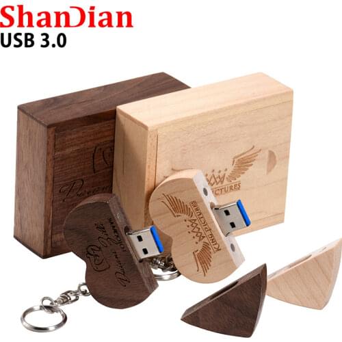 SHANDIAN USB 3.0 free custom Logo Wooden Heart + BOX Memory Stick Pen Drive 4gb 8gb 16gb 32gb 64gb Logo customized Wedding Gifts