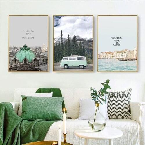 Green Minibus and Building Outdoor Scenery Poster Wall Art Picture Printing Canvas Painting for Home Living Room Decoration