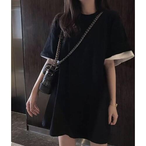 New 2020 Summer Version Loose Leisure Movement Fake Two Piece Sleeved Middle Long T-shirts Womens Half-Sleeve Short Sleeves