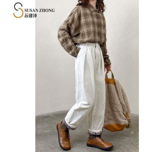 Women Pants Feme Trousers 2021 Spring Summer Natural Normcore Vintage Indi Clothing Loose Harem Cotton Elastic Waist Check Hem