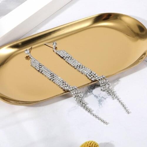 Women Long Rhinestone Earrings Chain Tassel Pendant Stud Earrings Classic Jewelry Gift LB