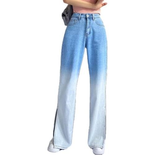 Gradient Color Jeans Women High Waist Side Split Denim Wide Leg Pants Lady Streetwear Loose Denim Trousers 2021 Fall New Female