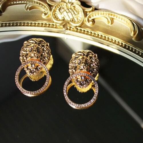 TARCLIY Trendy Metal Lion Head Rhinestone Earring Exaggerated Hip-Hop Alloy Animal Drop Earring Women Punk Jewelry Accessories