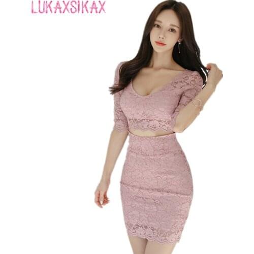 2020 New Spring Summer Women Dress Korean Fashion Sexy V-Neck Hollow Out Pink Lace Dress Elegant Slim Pencil Mini Dress