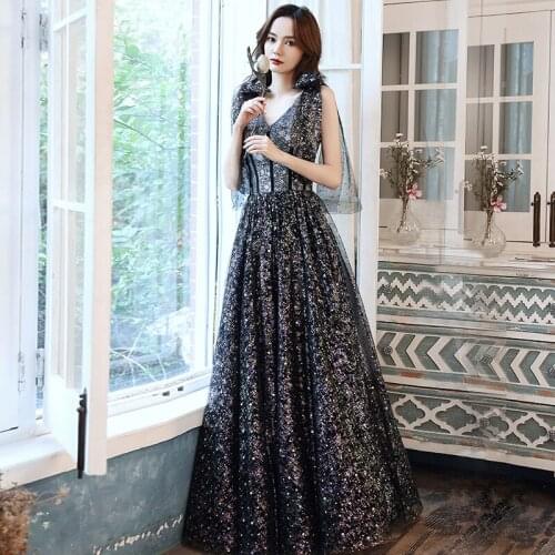 Evening Dress Sequins Deep V-Neck A-Line Elegant Simple Pleat Floor-Length Sleeveless Lace Up New Woman Formal Party Gowns A1275