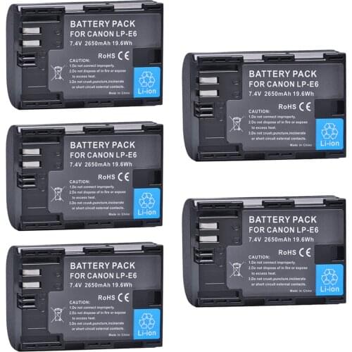 5Pcs 2650mAh LP-E6 LPE6 LP E6 Batteries for Canon 5D Mark II III 7D 60D EOS 6D 7D, 80D and BG-E14, BG-E1, for canon accessories