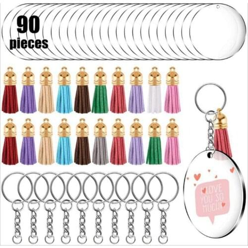 90PCS/Set Acrylic Clear Circle Blanks Keychain Tassels Set Gold Silver Tassels Jump Rings For Jewelry DIY Keychains