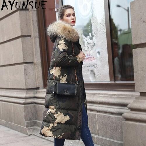 AYUNSUE Womens Winter Down Jacket Hooded Parkas Big Fur Collar Long Coat Women Fashion Camouflage Chaquetas De Mujer KJ6435