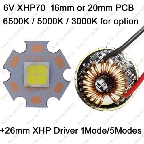 Cree XHP70 6V 6500K Cool White, 4500K Neutral White, 3000K Warm White High Power LED Emitter + 26mm 1 Mode or 5 Modes Driver