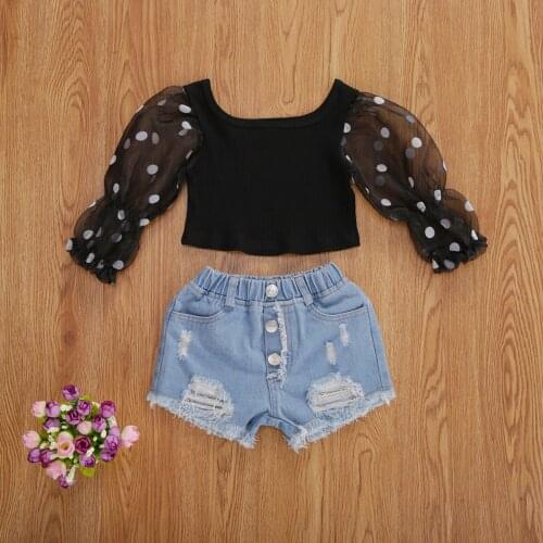 2Pcs Toddler Baby Girls Outfits Flare Long Sleeve Top Blouse Denim Short Pants Clothes Set Children Costumes