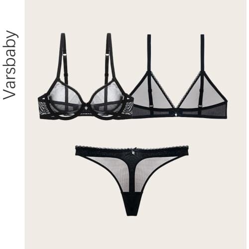Varsbaby sexy transparent deep V 2 bras+thongs 3pcs 32BC-38BCD bow underwear set for ladies